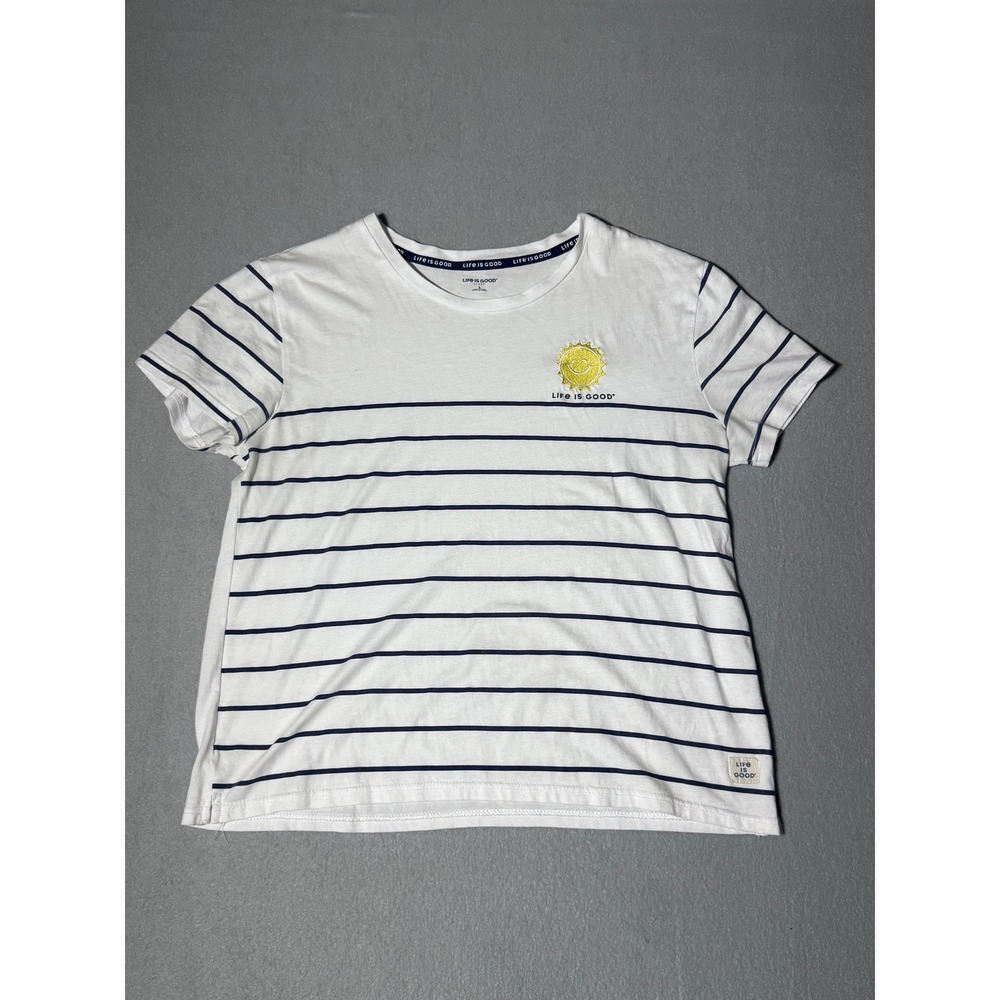 Life is Good Sleep Womens Large White Navy Striped Sun Graphic Pajama Tee Shirt